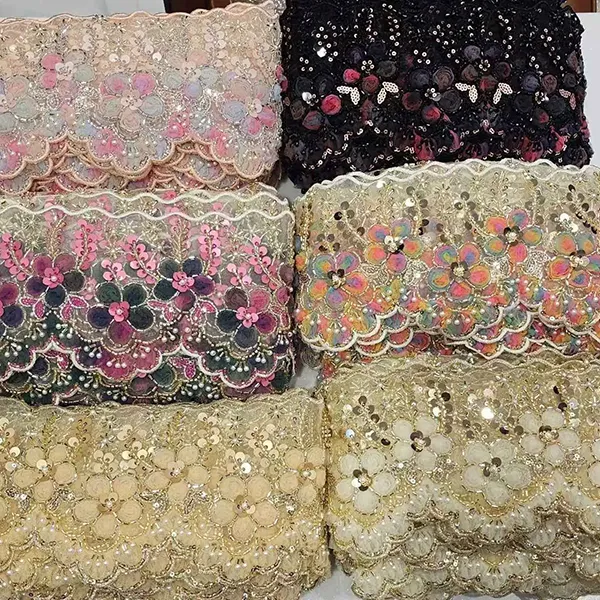 توری گلدوزی شده چند رنگ با توری گلدوزی مشبک سه بعدی روبانی لوله مهره ای توری بارکد گلدوزی